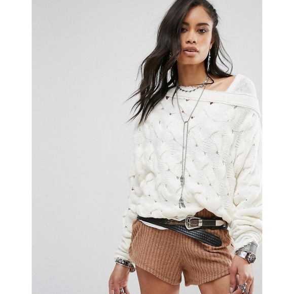 Free People Desert Cable Jumper Pullover Sweater Size Large Ivory Off Shoulder - Picture 2 of 7